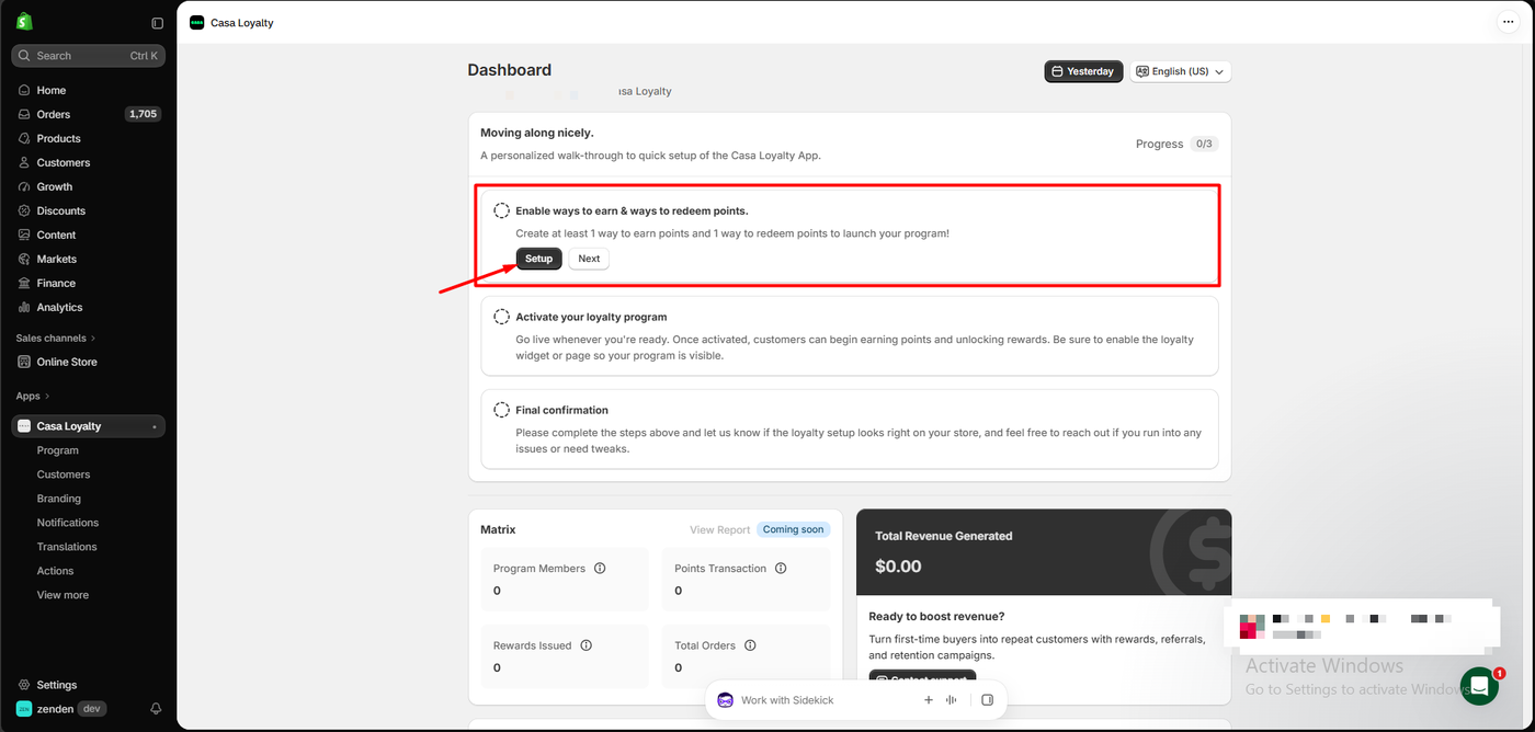 Casa Loyalty dashboard showing a setup checklist at zero of three steps, asking the merchant to create at least one way to earn and one way to redeem points, with program metrics at zero and a view report link marked coming soon