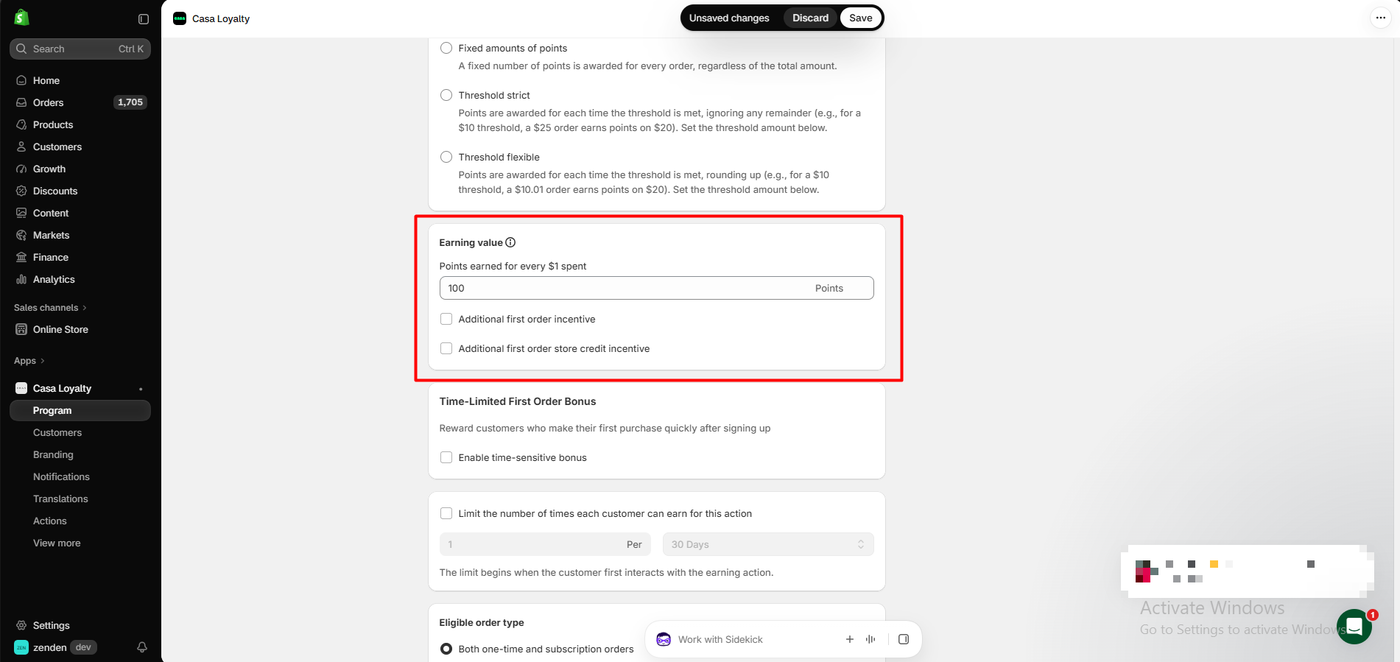 Casa Loyalty earning settings showing fixed, threshold strict and threshold flexible options, points earned for every dollar spent set to 100, and unchecked first order incentive and first order store credit incentive boxes