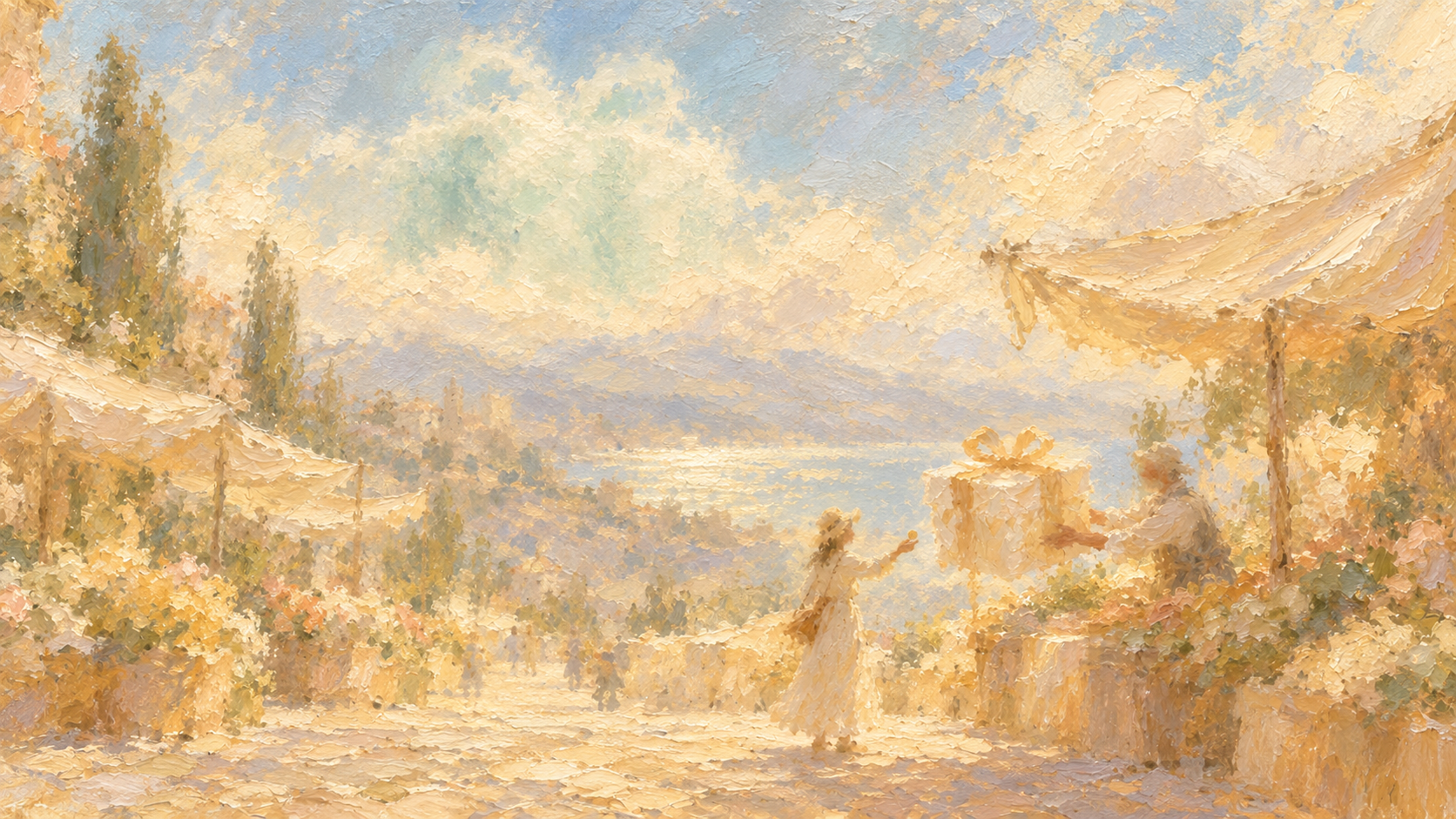 A hazy painterly shopper in a sun hat holding up a single small coin to a stallkeeper who hands across a large ribbon-tied gift box at a sunlit seaside market, beneath a soft mint-green glow in the clouds