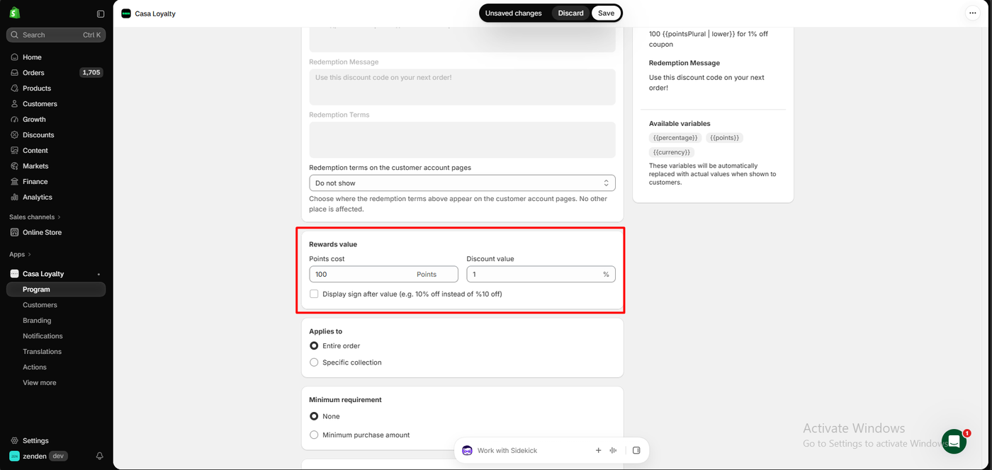 Casa Loyalty reward settings showing a points cost of 100 and a discount value of one percent, an unchecked option to display the percent sign after the value, and options to apply the reward to the entire order or a specific collection with no minimum requirement