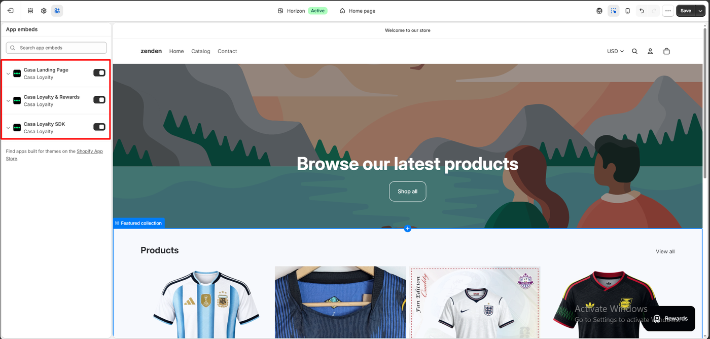 Shopify theme editor with three Casa Loyalty app embeds switched on: Casa Landing Page, Casa Loyalty and Rewards, and Casa Loyalty SDK, and a black Rewards launcher on the storefront