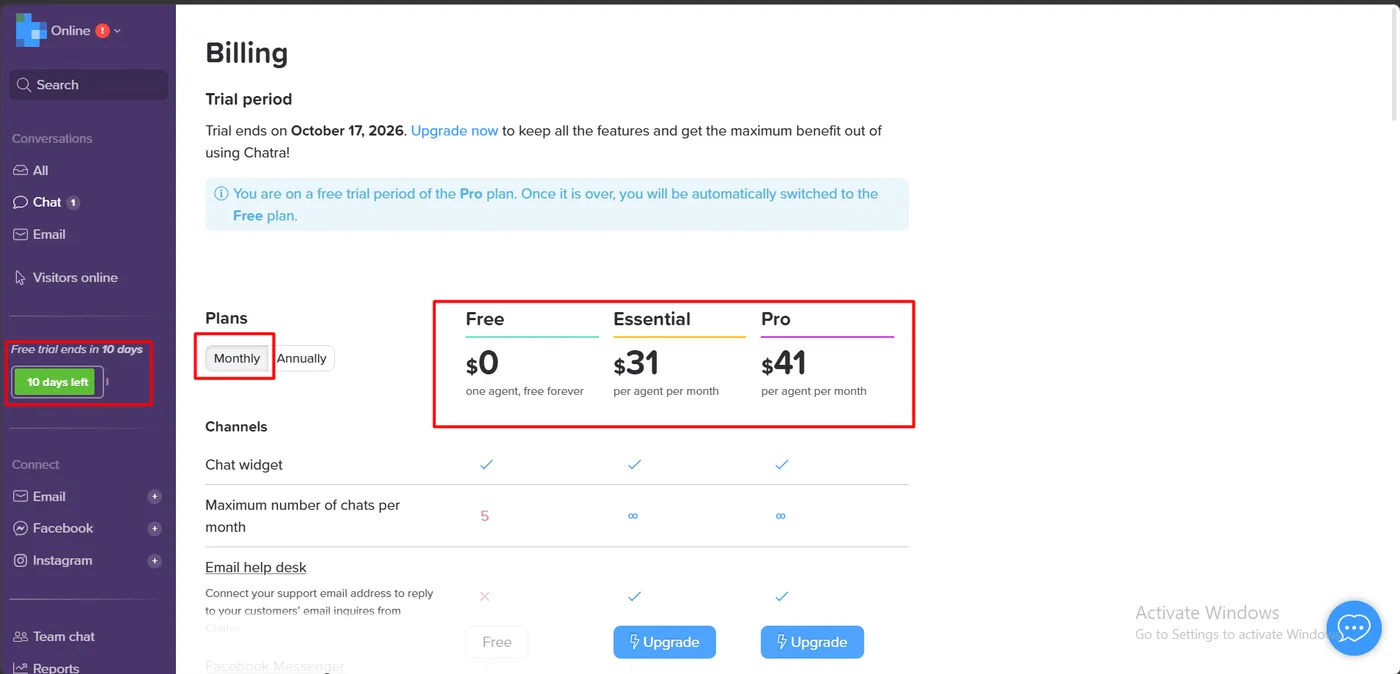 Chatra billing page showing the Free, Essential and Pro plans with monthly per-agent prices