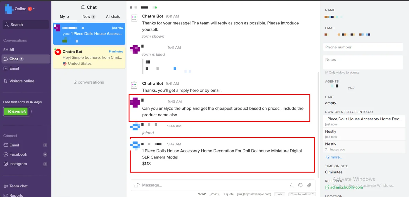 Chatra dashboard showing the shopper’s cheapest-product question, the agent joining, and the agent’s reply naming the 1.18 dollar product, with the visitor’s live page history on the right