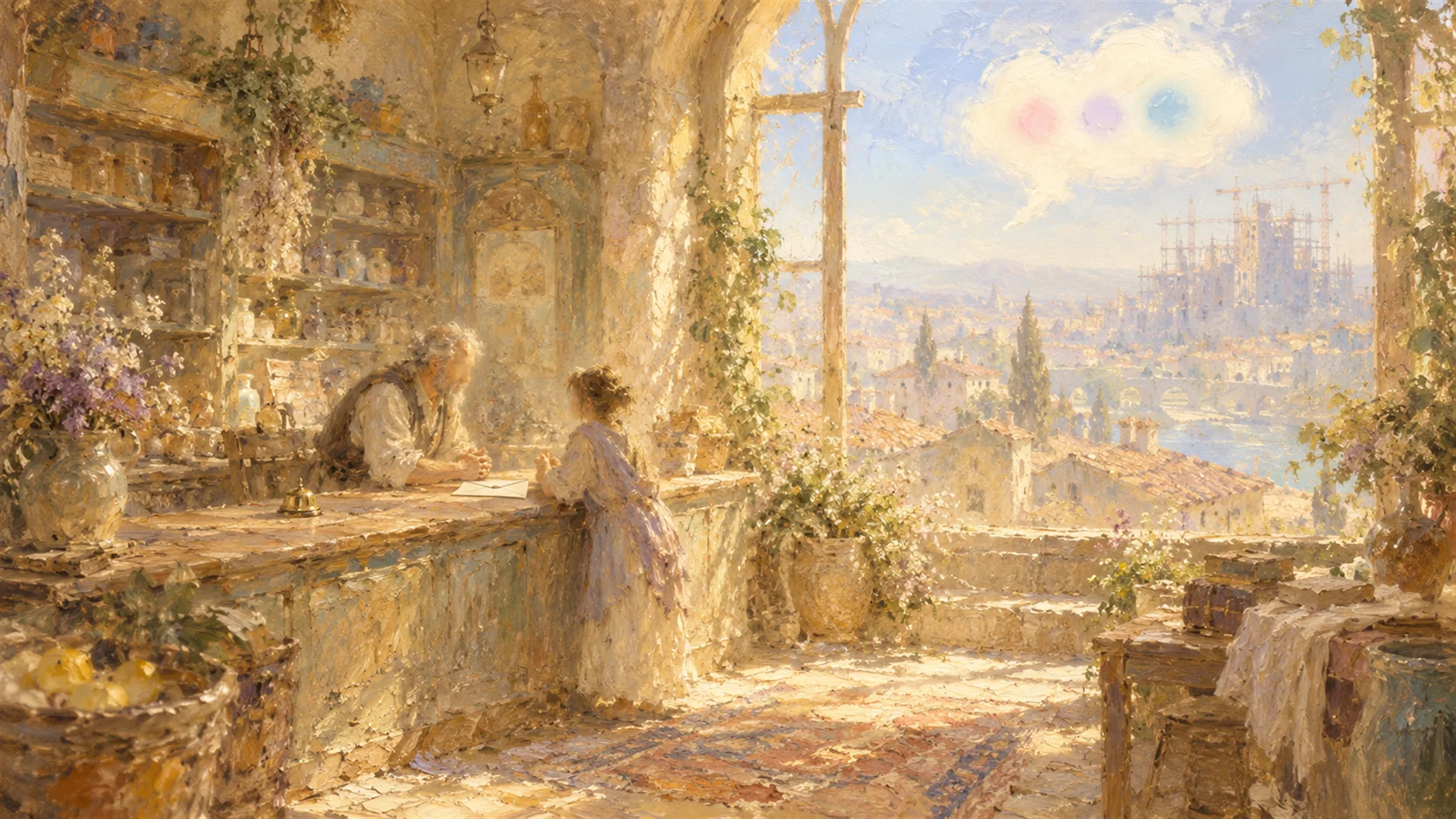 A hazy painterly shopkeeper leaning across a sunlit counter to talk with a single visitor, a sealed letter and a brass bell between them, while scaffolding rises on a distant building beneath a soft speech-bubble cloud