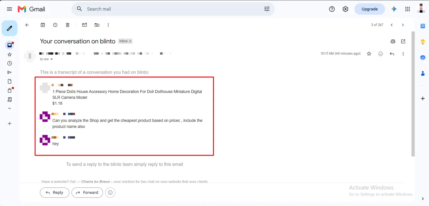 Email transcript sent by Chatra to the shopper showing the conversation messages and an option to reply by email