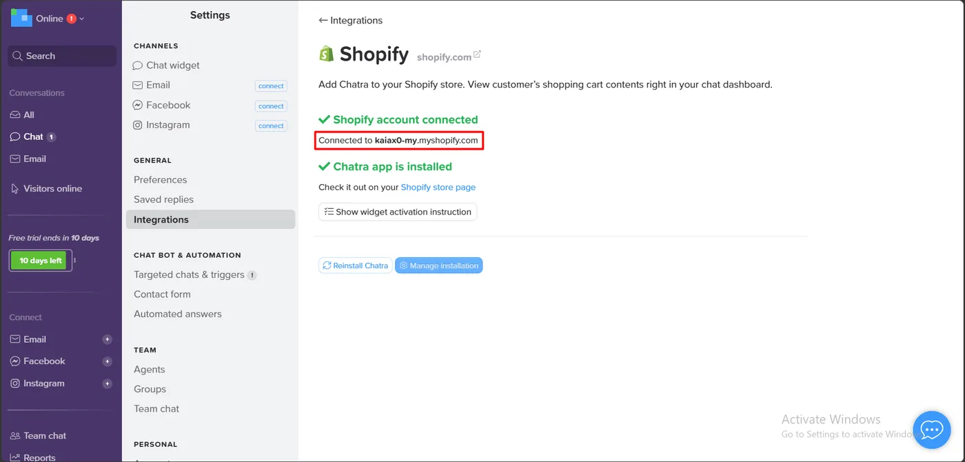 Chatra Shopify integration settings showing the Shopify account connected and the Chatra app installed, with reinstall and manage installation buttons