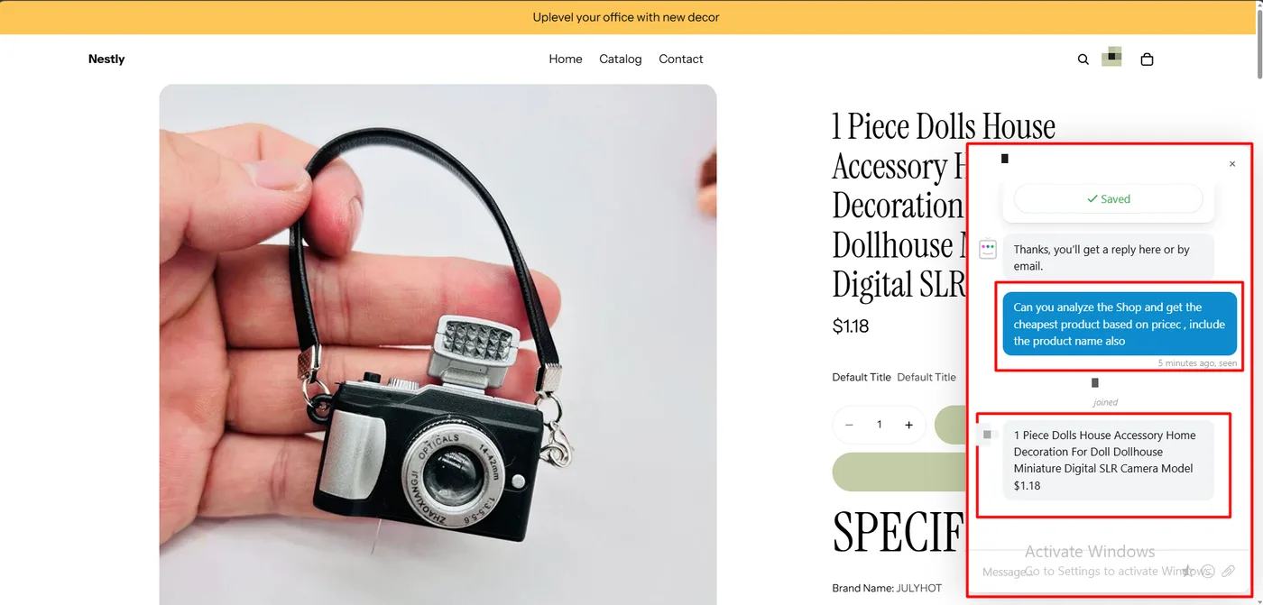 Storefront product page with the Chatra widget showing the agent’s reply naming the cheapest product at 1.18 dollars