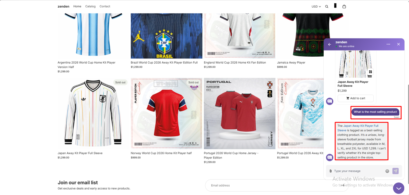 Chatty storefront chat answering that the Japan away jersey is tagged as a best-selling product, with a product card and add to cart button, and noting it cannot verify whether it is the single top seller