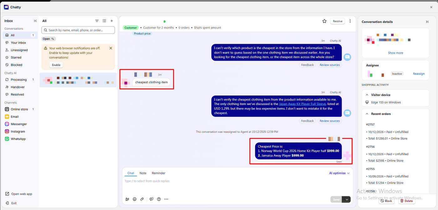 Chatty inbox showing the AI declining twice to name the cheapest product, the conversation reassigned to an agent, and the agent replying that the Norway and Jamaica jerseys are cheapest at 999 dollars