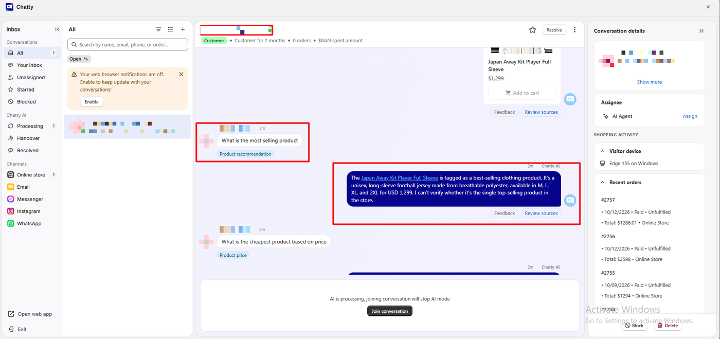 Chatty inbox conversation header showing customer for two months, zero orders and NaN spent amount, while the conversation details panel lists three recent paid orders