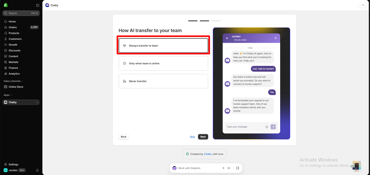 Chatty onboarding screen asking how the AI should transfer chats to the team, with always transfer to team selected and a live chat preview showing a shopper being handed to human support