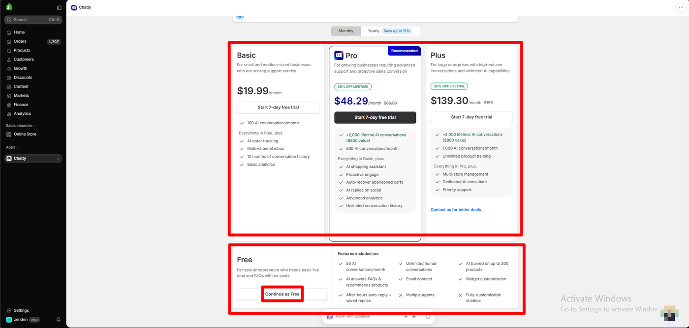 Chatty in-app plan screen showing Basic at 19.99 dollars, Pro at 48.29 dollars and Plus at 139.30 dollars per month with lifetime discounts, and a Free plan with 50 AI conversations a month