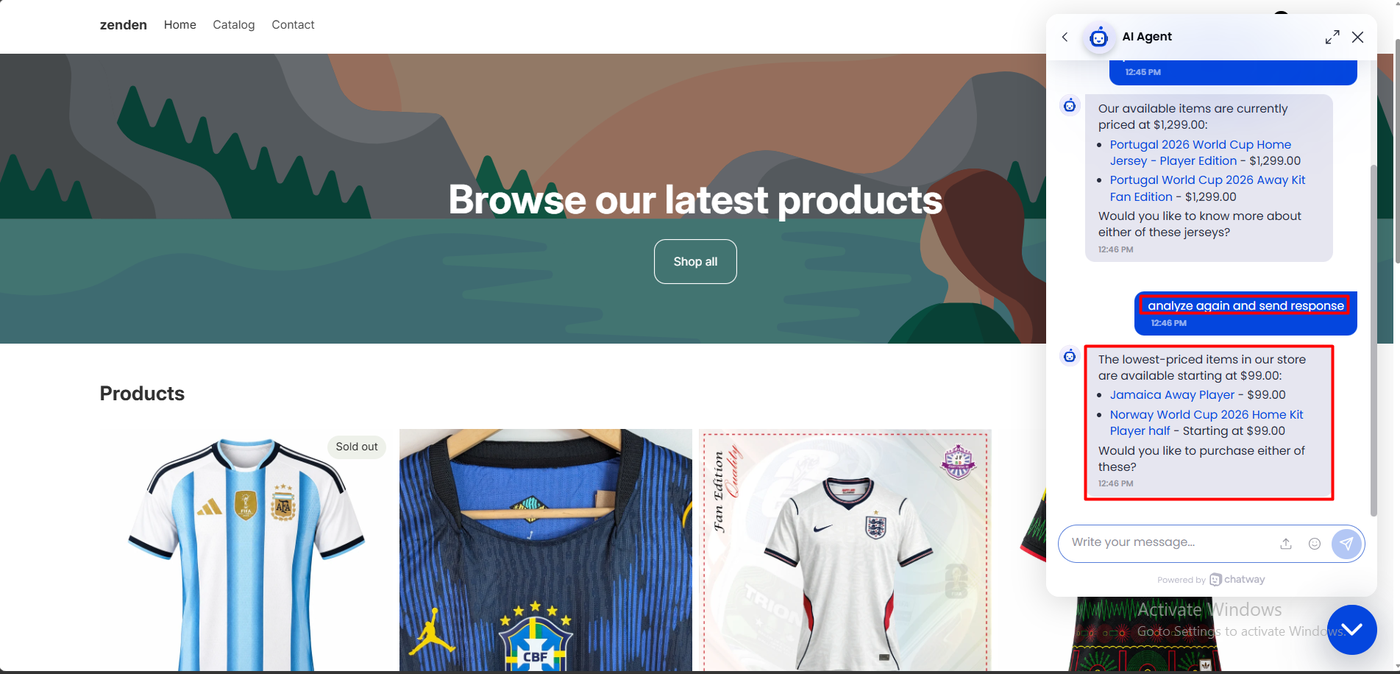 Chatway AI agent’s second answer listing the Jamaica away jersey at 99 dollars and the Norway home jersey starting at 99 dollars, asking if the shopper wants to buy either