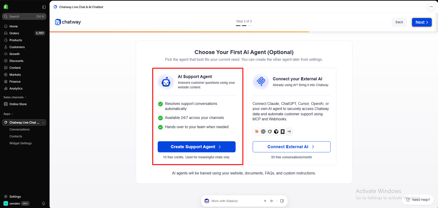 Chatway setup step two offering an AI support agent that answers using website content with 10 free credits, or connecting an external AI such as Claude or ChatGPT with 50 free conversations a month