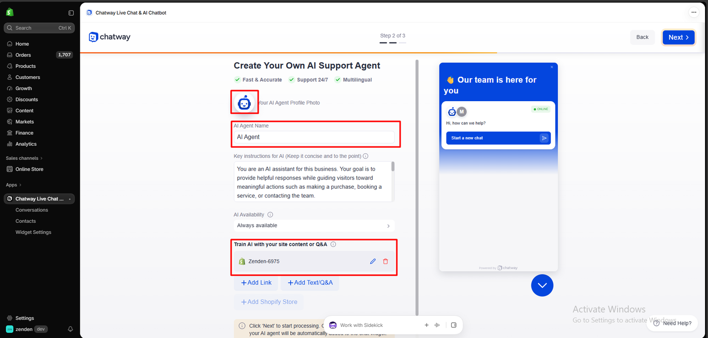 Chatway create your own AI support agent screen with an agent name, key instructions, always available, and training source set to the Zenden Shopify store, beside a widget preview