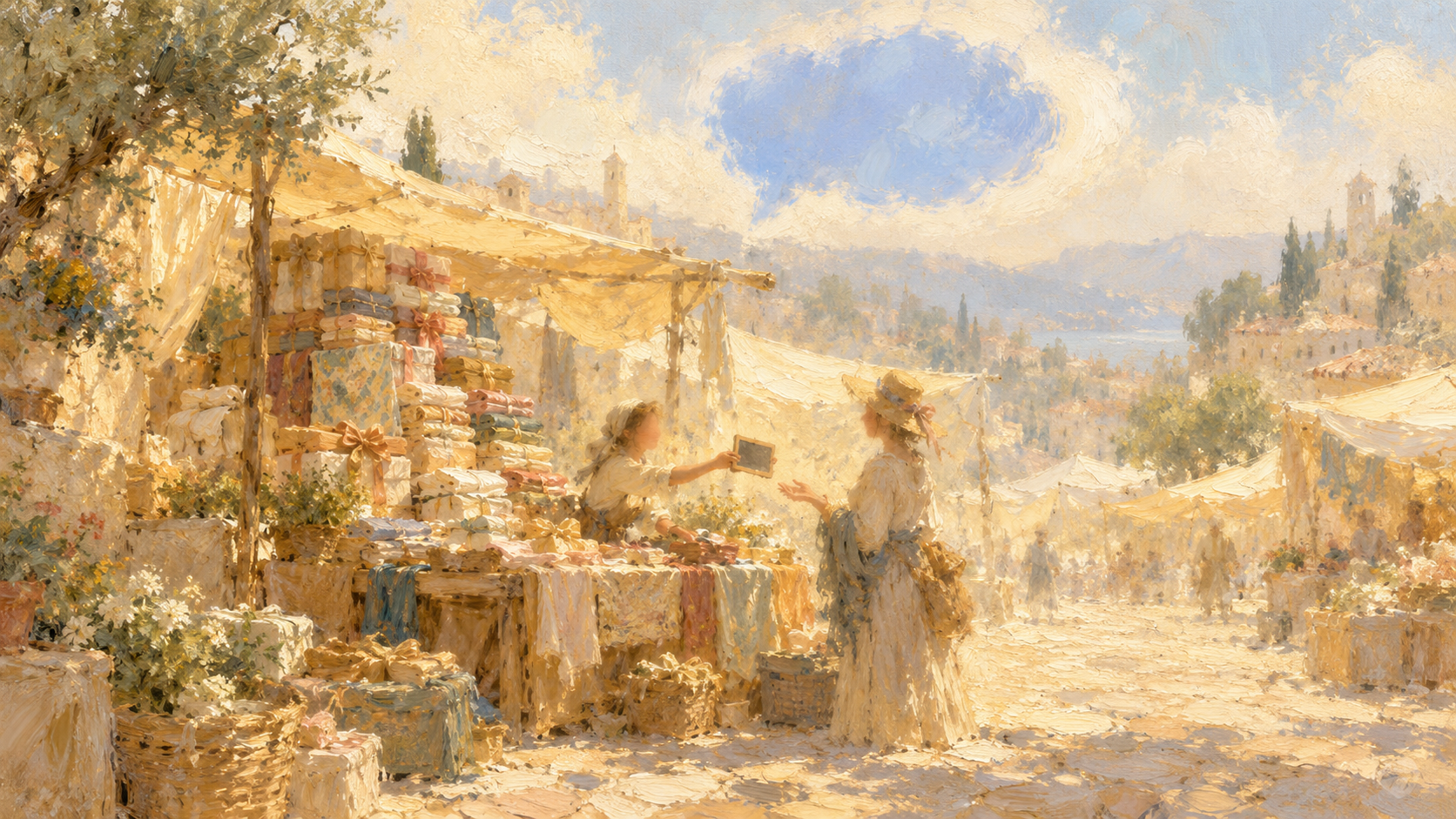 A hazy painterly market stall piled high with ribbon-tied parcels and folded fabrics, where a stallkeeper hands a small blank slate to a customer in a straw hat, beneath a soft cornflower-blue cloud above a hillside town