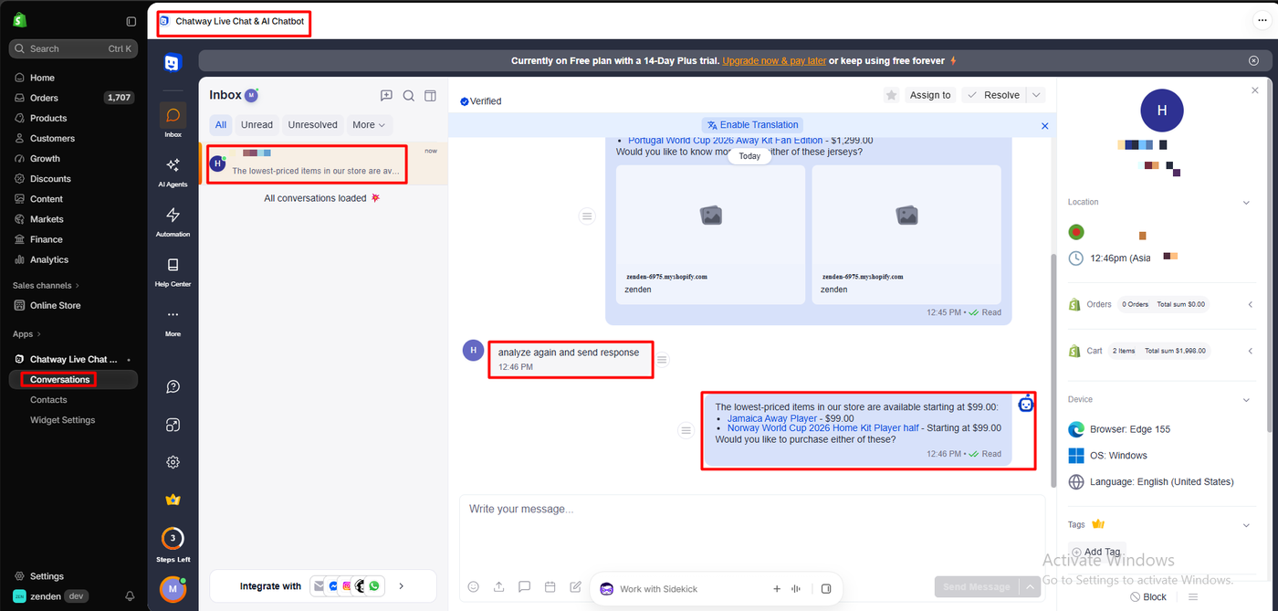 Chatway inbox showing the shopper’s request to analyze again and the AI reply with prices of 99 dollars, beside a visitor panel with location, local time, zero orders, a cart of two items totalling 1,998 dollars, and device details