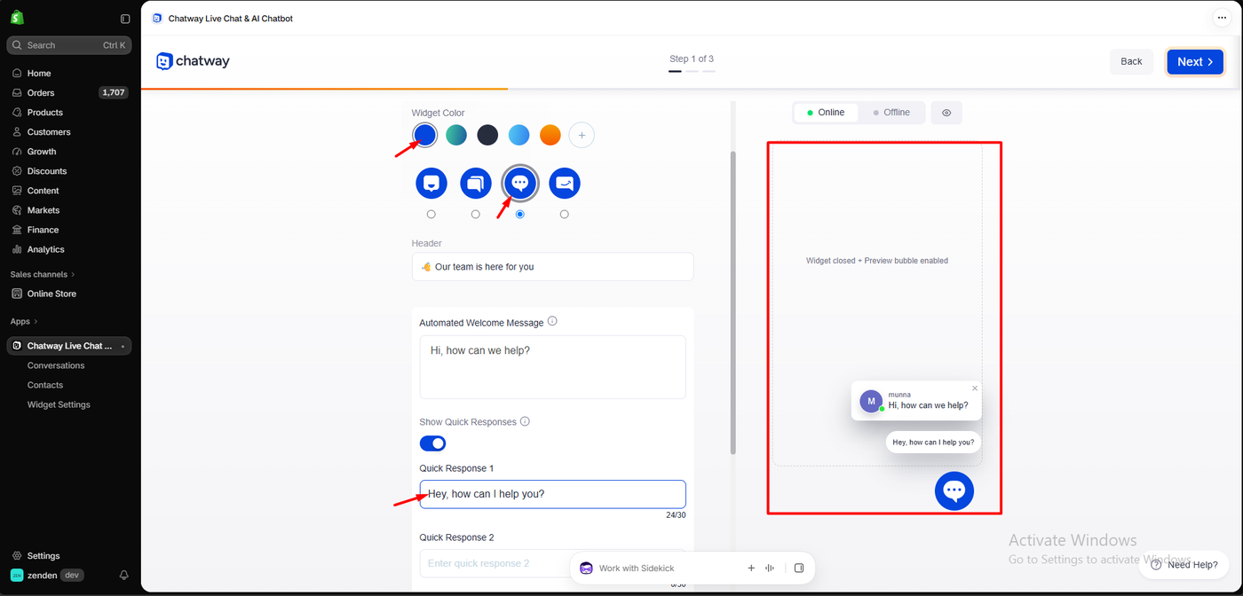 Chatway setup step one with widget colour options, four chat icons, a header, an automated welcome message, quick responses, and a live preview of the closed widget with a preview bubble