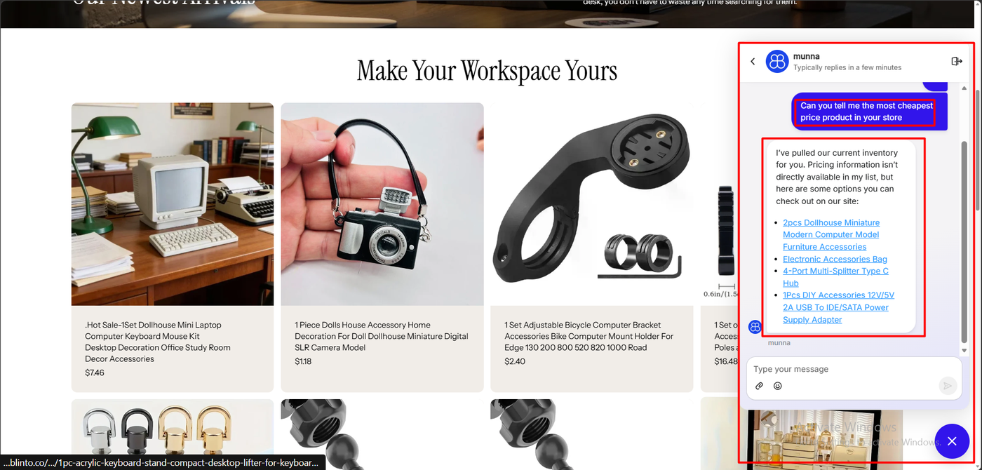 Nestly storefront with a product grid showing a 1.18 dollar camera model, and the Commslayer chat replying that pricing information is not directly available and listing four product links without prices
