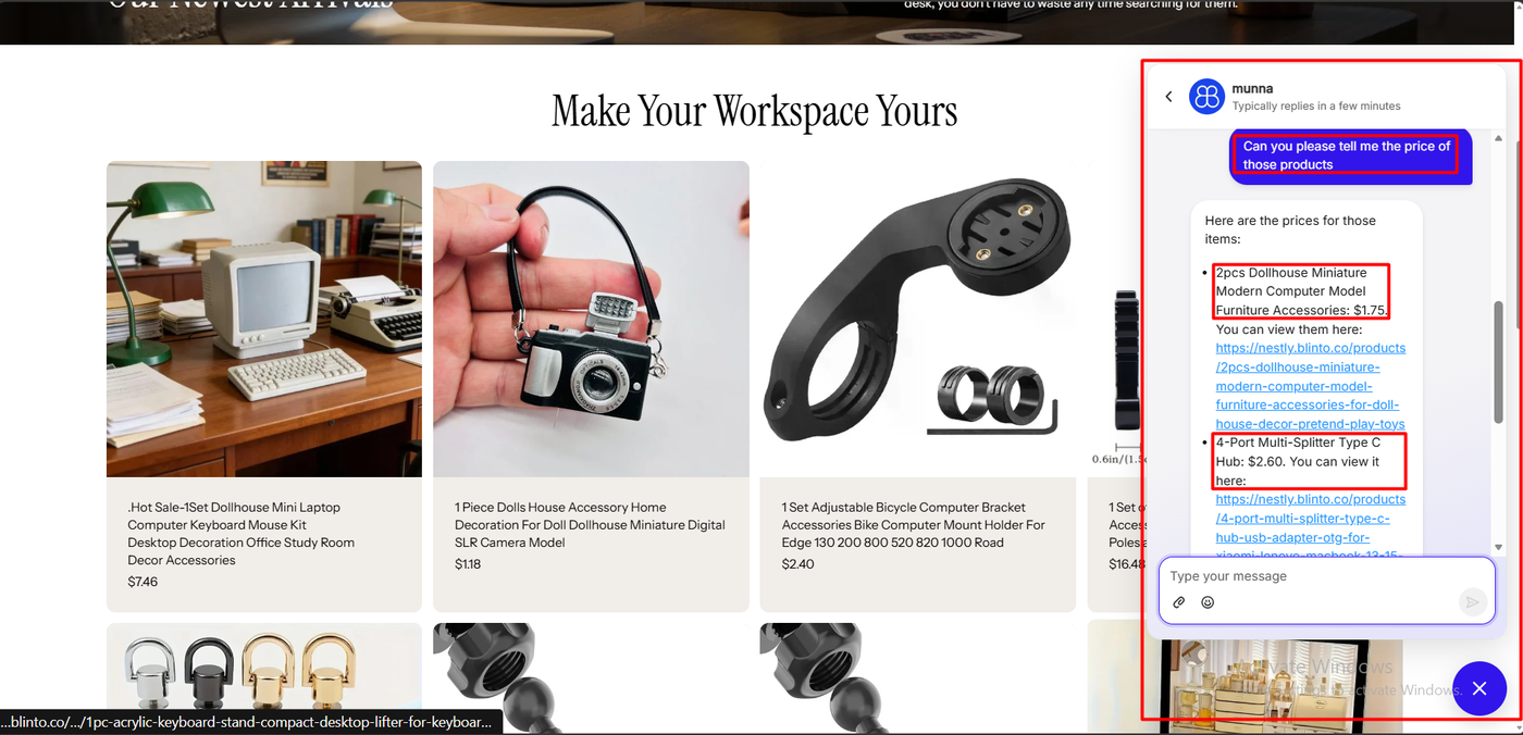 Commslayer chat answering a follow-up with prices for the suggested items: dollhouse computer models at 1.75 dollars and a USB-C hub at 2.60 dollars, while the 1.18 dollar camera is visible on the page
