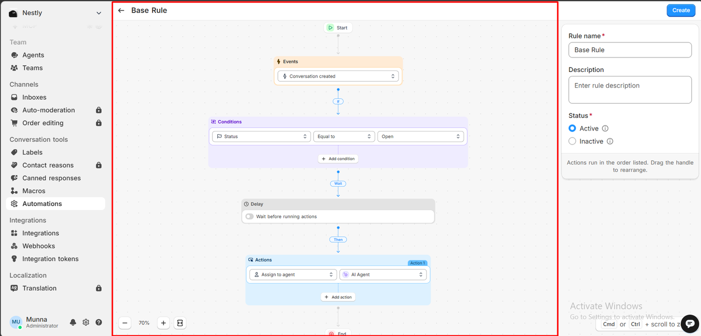 Commslayer automation rule named base rule: when a conversation is created and its status is open, assign it to the AI agent, set to active