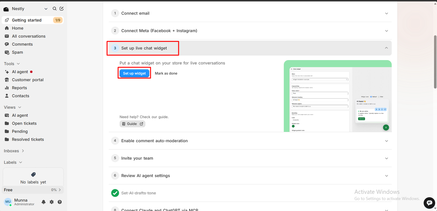 Commslayer getting started checklist at one of nine steps, with connect email, connect Meta, set up live chat widget, comment auto-moderation, invite your team, AI agent settings, AI drafts tone, Claude and ChatGPT via MCP, and customer portal