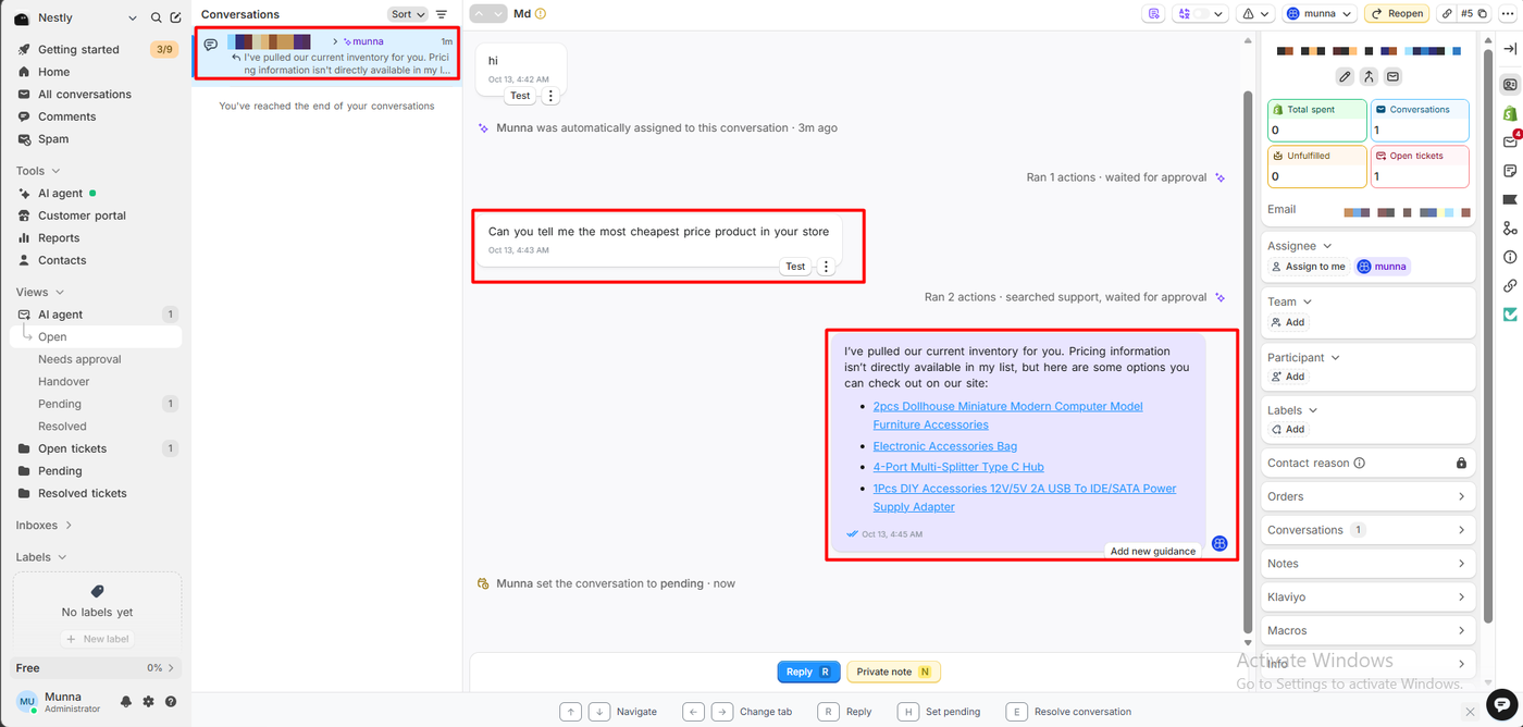 Commslayer inbox showing the shopper’s question, the log line ran two actions, searched support, waited for approval, and the AI reply listing four products without prices