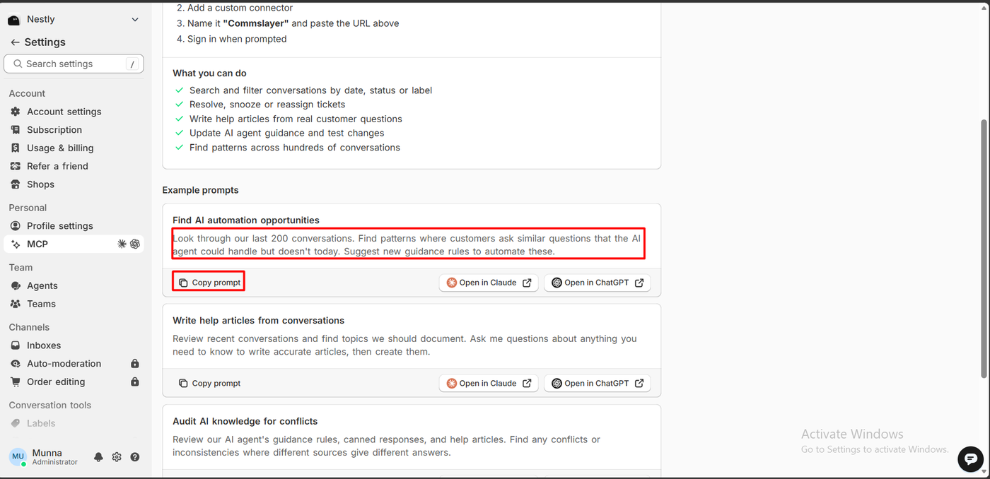 Commslayer MCP settings listing what you can do from Claude or ChatGPT, such as searching conversations and updating AI agent guidance, with example prompts and open in Claude and open in ChatGPT buttons