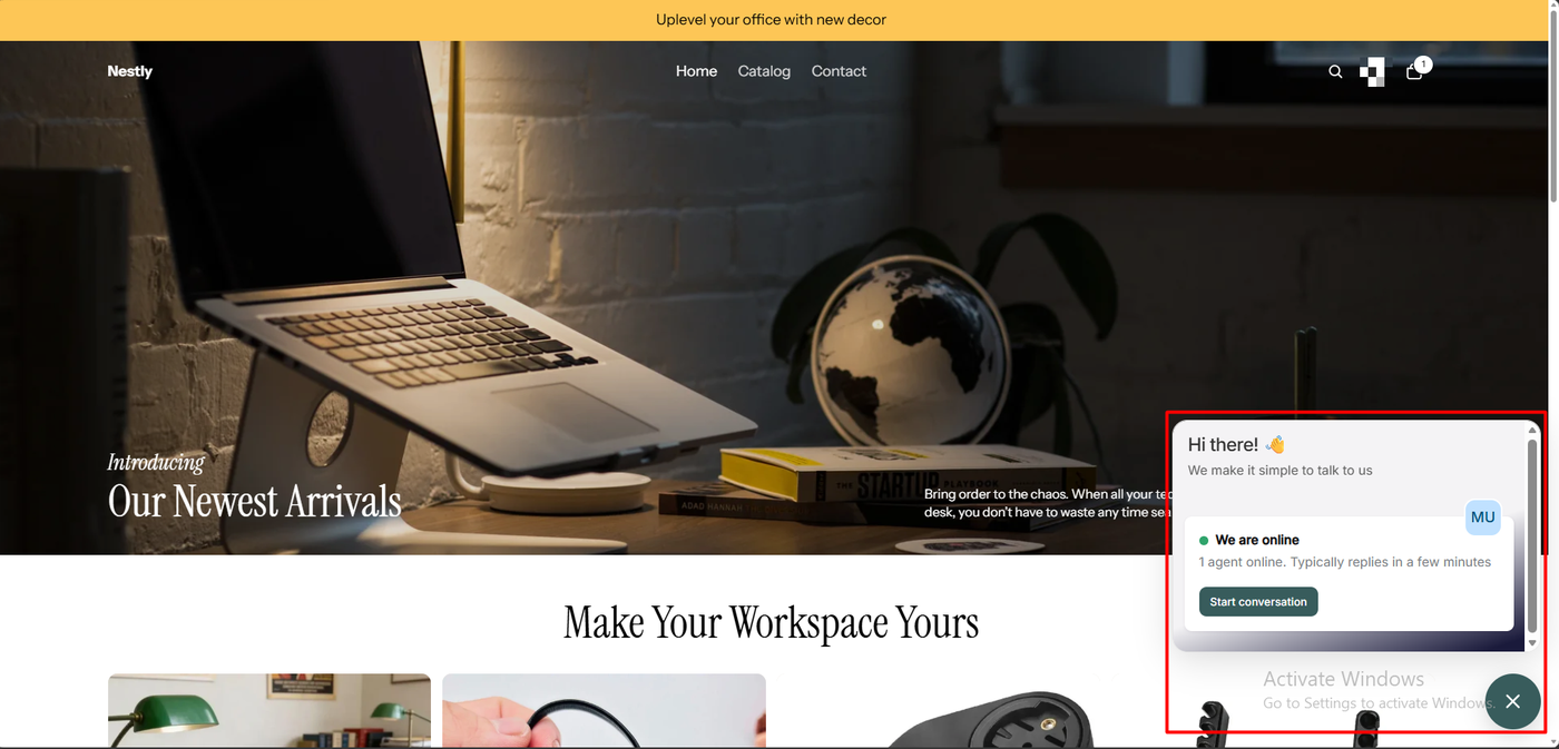 Nestly storefront with the Commslayer widget open, showing hi there, we are online, one agent online, typically replies in a few minutes, and a start conversation button