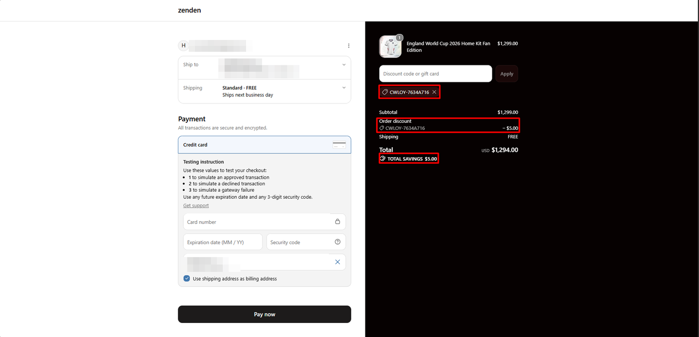 Shopify checkout showing the CWILL Loyalty discount code applied with an order discount of five dollars and a total of 1,294 dollars