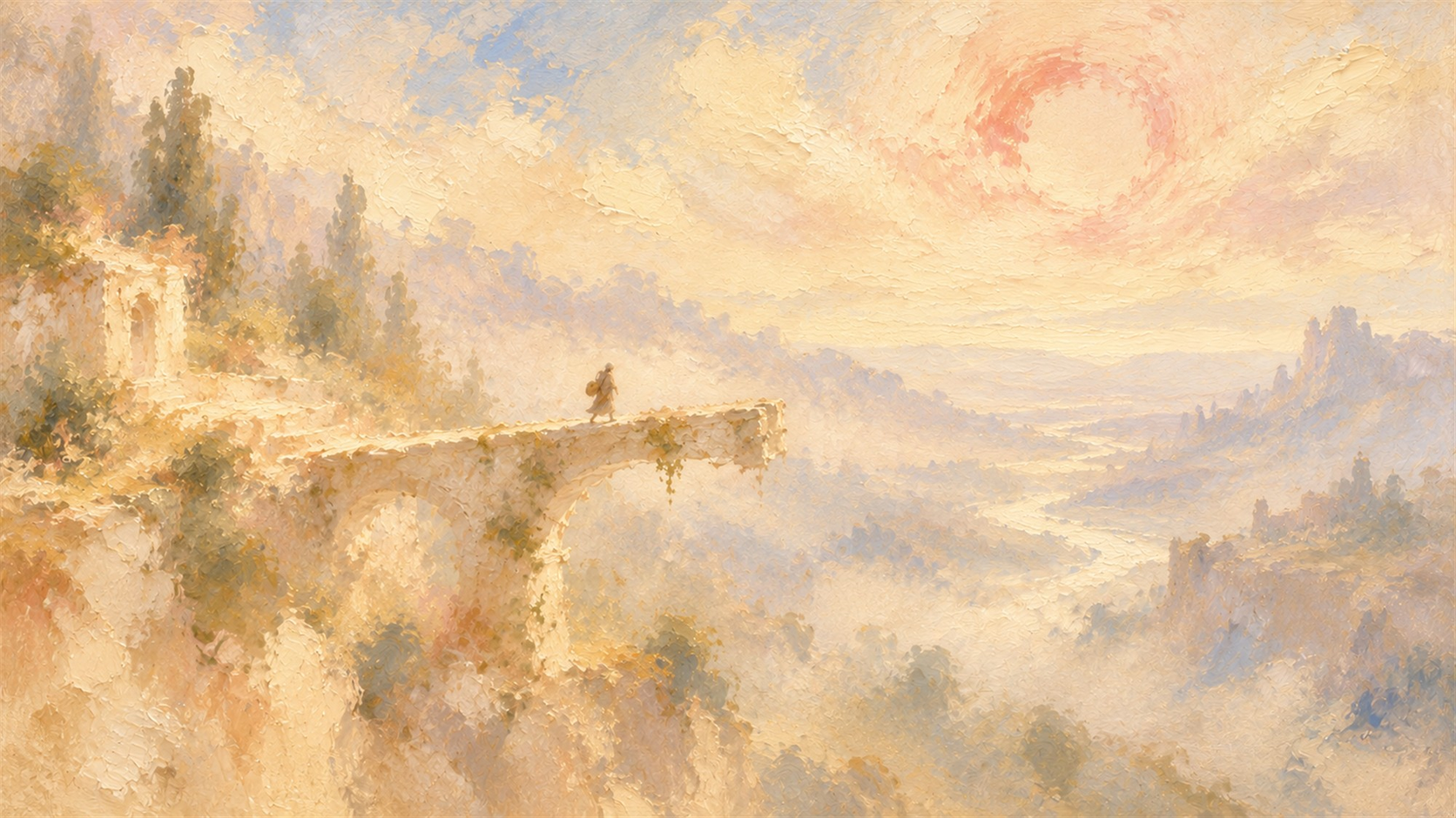 A hazy painterly traveller walking out along a sunlit stone bridge that breaks off in mid-air above a wide pale valley, beneath a soft crimson ring of light in a cream sky