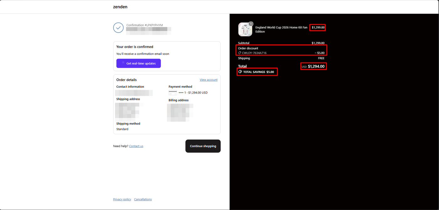 Shopify order confirmation showing the CWILL Loyalty discount code applied as a five dollar order discount with a total of 1,294 dollars