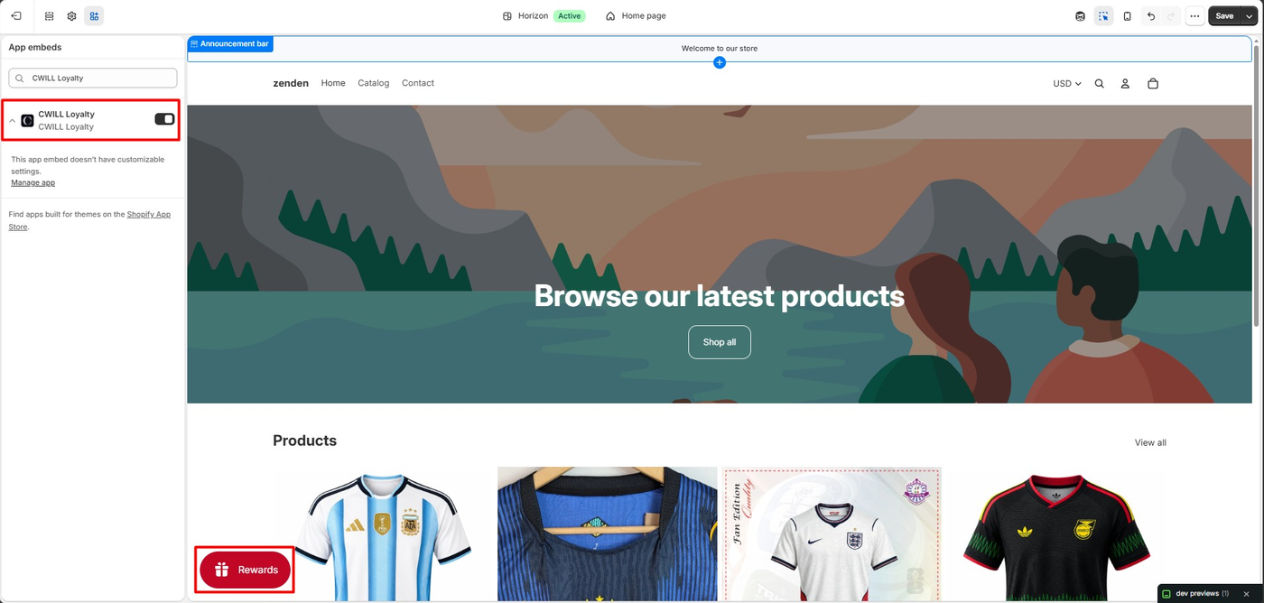 Shopify theme editor showing the CWILL Loyalty app embed enabled with no customizable settings and a red Rewards launcher on the storefront preview