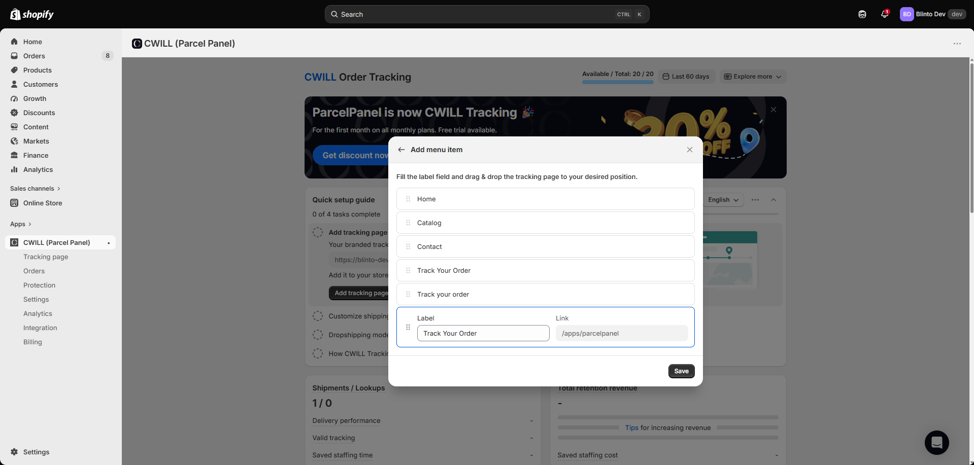 CWILL Add menu item window with a Track Your Order label, a /apps/parcelpanel link, and existing menu items including two other Track Your Order entries
