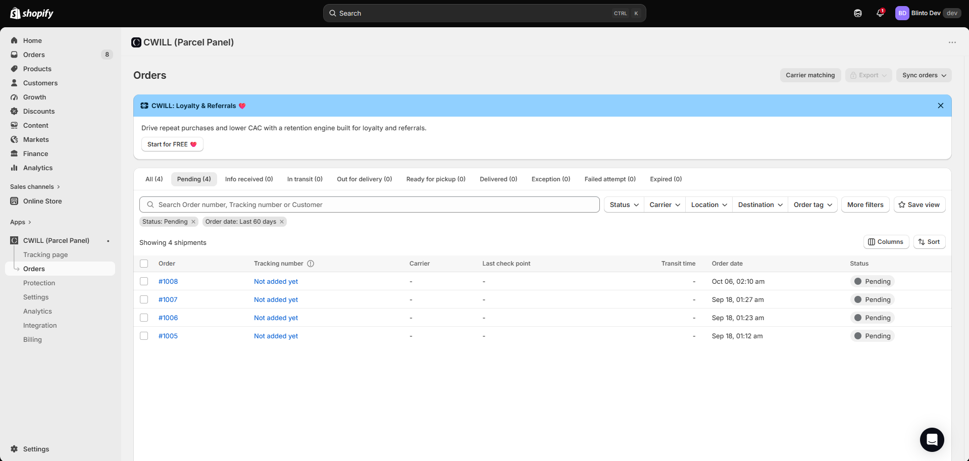 CWILL Orders page with status tabs for Pending, Info received, In transit, Out for delivery, Ready for pickup, Delivered, Exception, Failed attempt and Expired, and four pending orders with no tracking number added