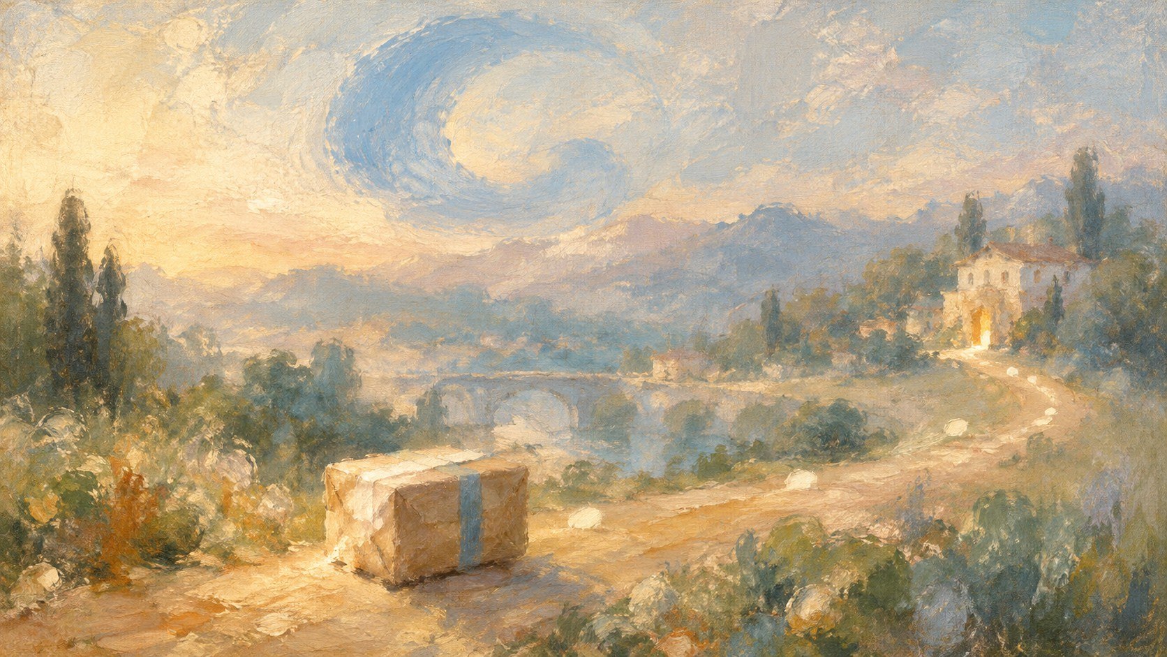 An impressionist painting of a wrapped parcel tied with a blue ribbon resting on a dusty country path, with a dotted trail winding past a stone bridge toward a sunlit villa beneath a swirling blue sky.