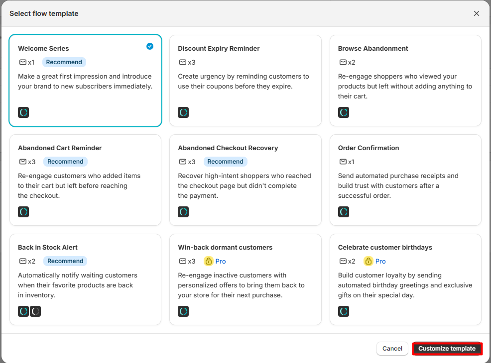 CWILL Select flow template window with nine templates, including Welcome Series, Abandoned Cart Reminder, Abandoned Checkout Recovery and Back in Stock Alert, with Win-back dormant customers and Celebrate customer birthdays marked Pro