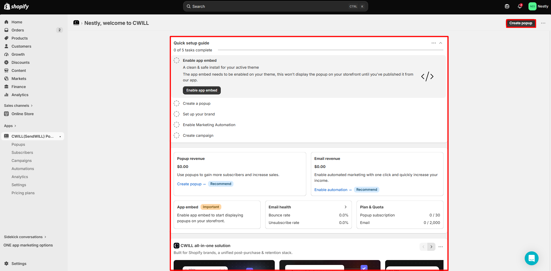 CWILL home dashboard with a quick setup guide showing 0 of 5 tasks complete, popup and email revenue cards, an app embed alert, email health, and a Plan & Quota card showing 0 of 30 popup subscribers and 0 of 2,000 emails