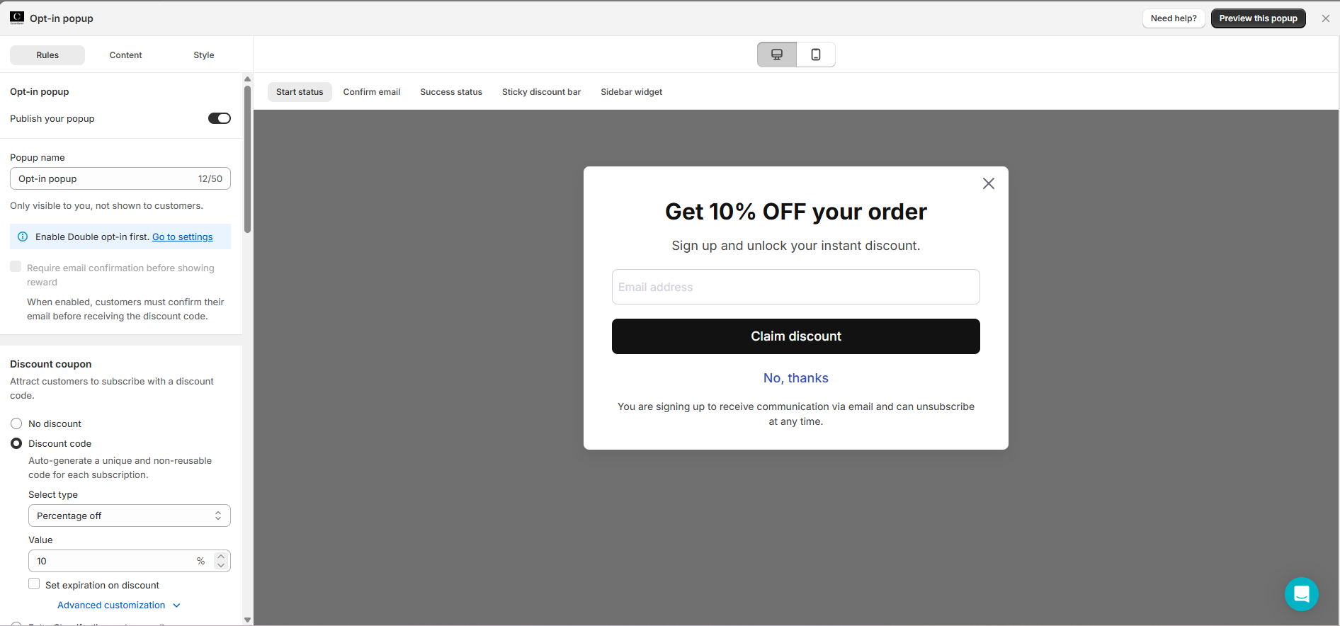 CWILL opt-in popup editor with Rules, Content and Style tabs, a double opt-in notice, discount code settings set to 10% off, and a live preview of a Get 10% OFF your order popup