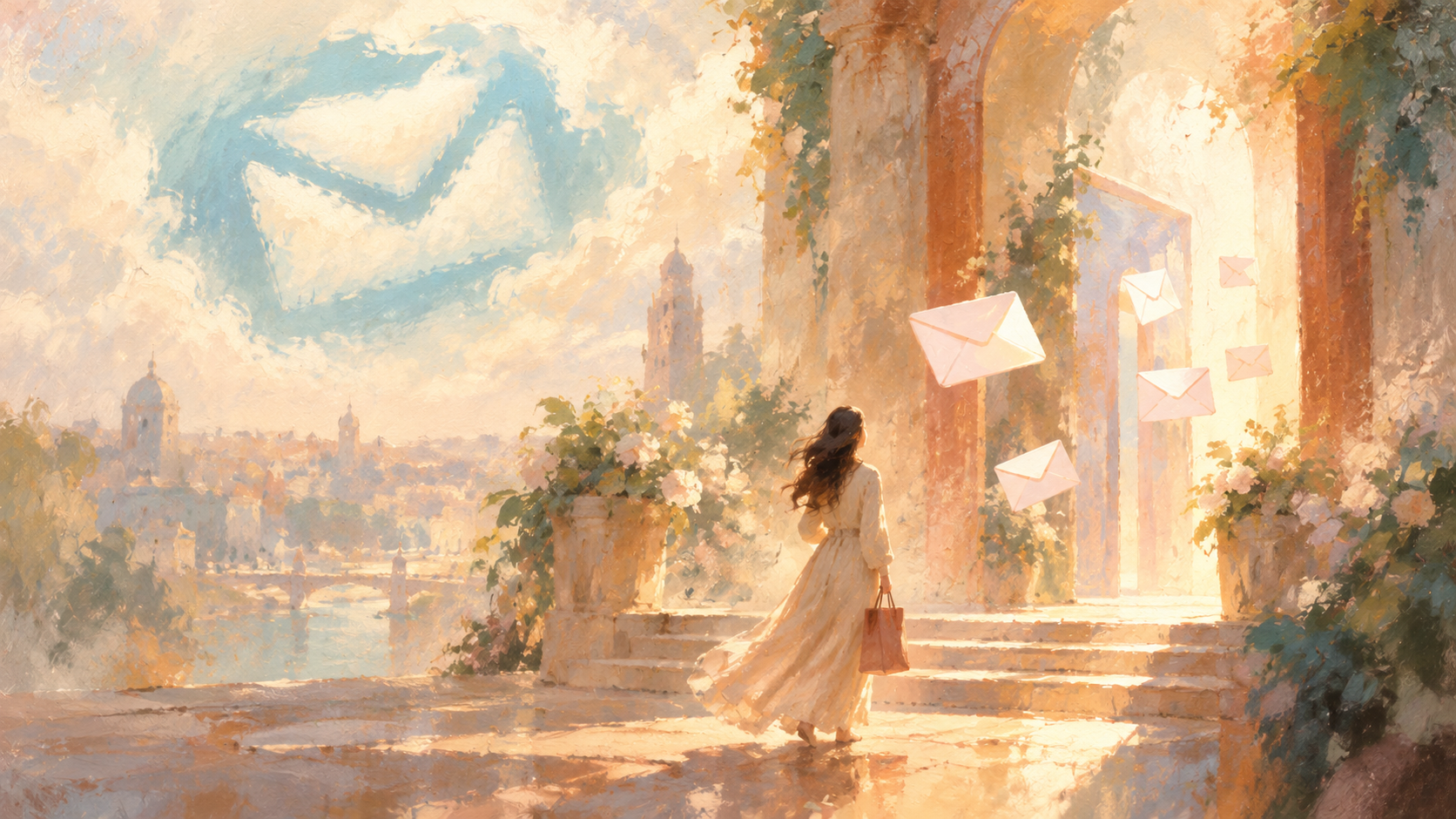 Soft, atmospheric editorial oil painting symbolizing email signup popups and customer communication for a Shopify store.