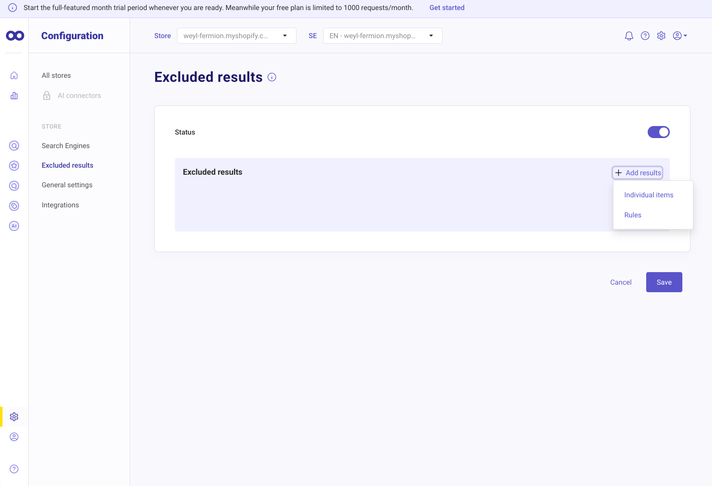 Doofinder Excluded results page with the Status switch turned on and the Add results menu open, offering Individual items or Rules