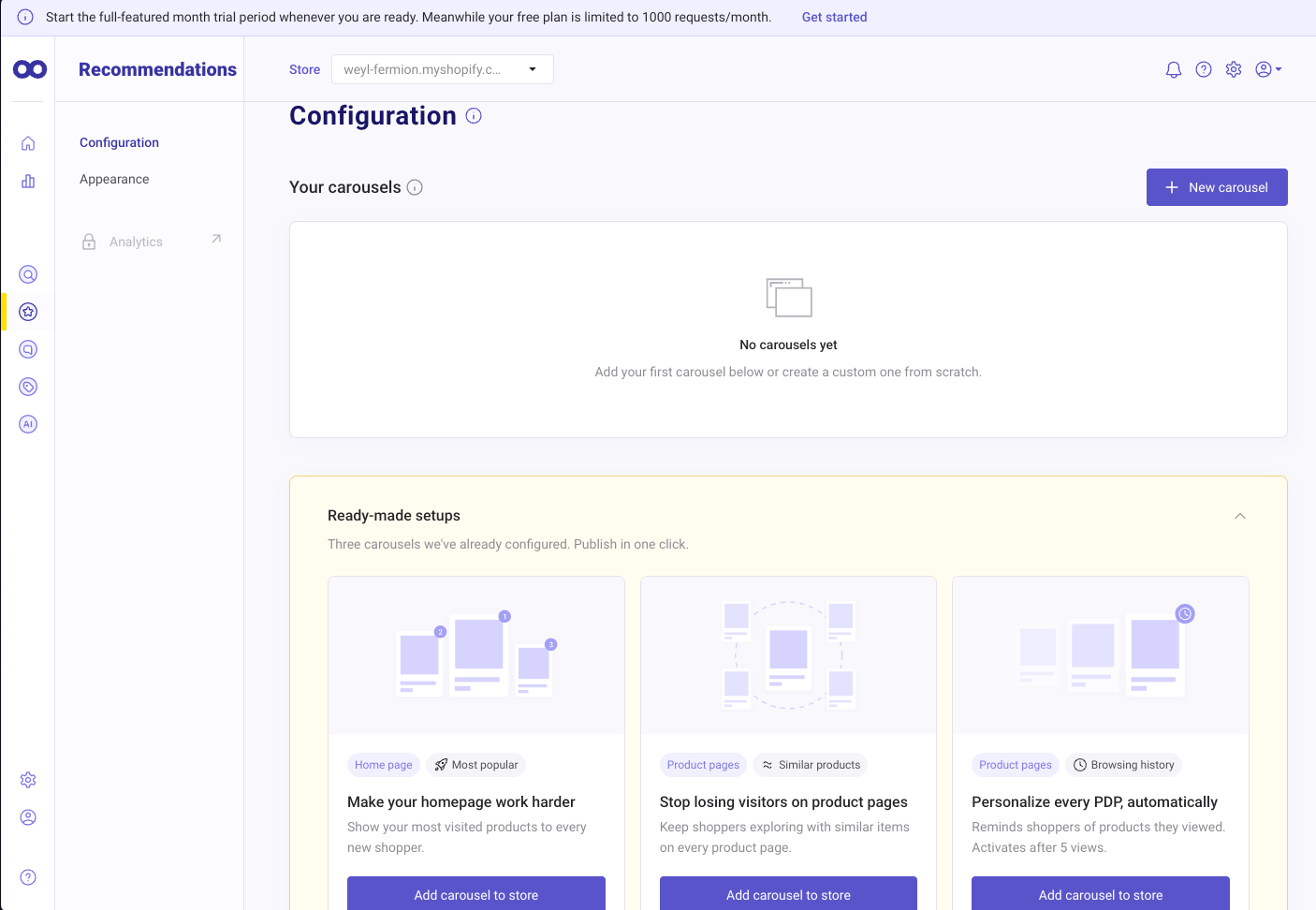 Doofinder Recommendations configuration page with no carousels yet and three ready-made setups: most popular products on the home page, similar products on product pages, and browsing history on product pages, each with an Add carousel to store button