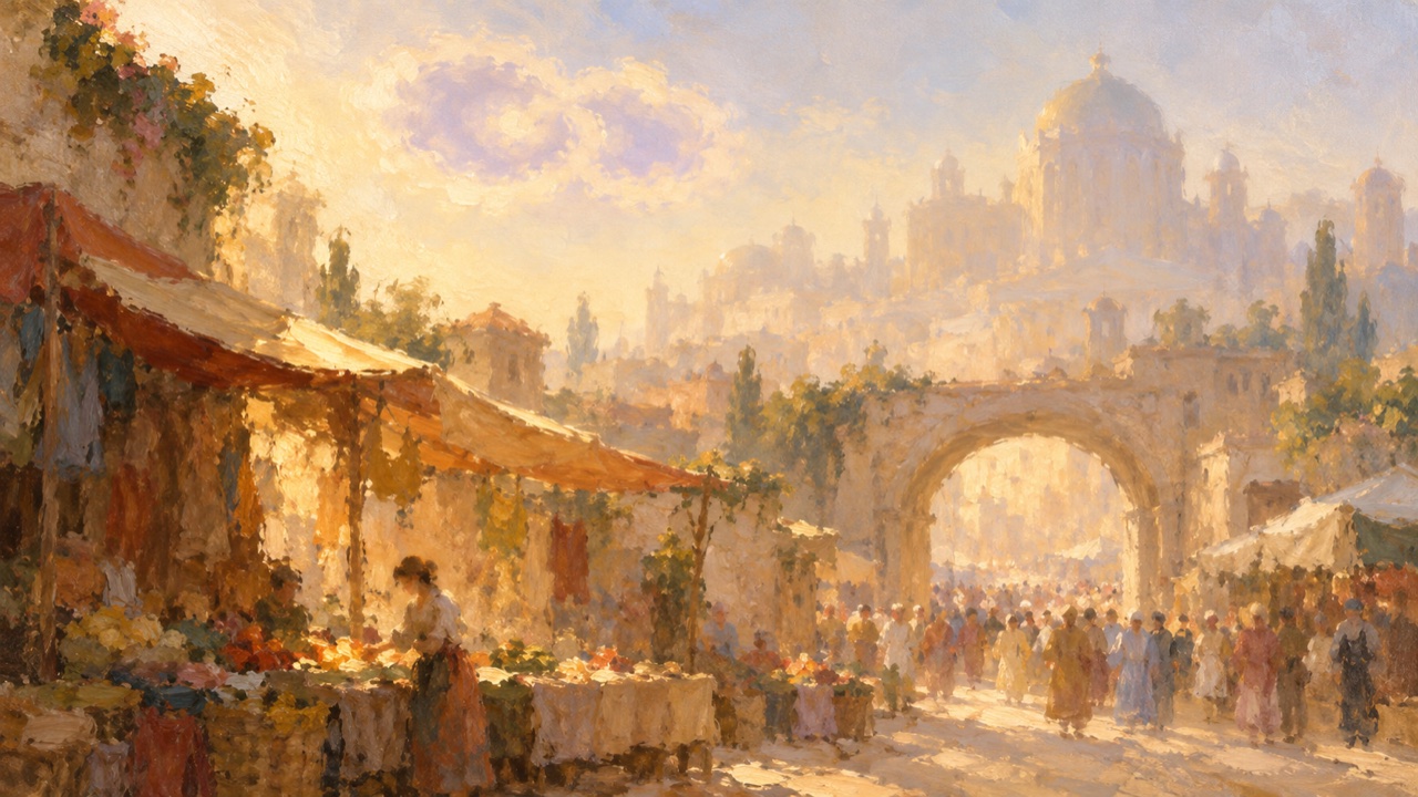A soft vintage oil painting of a woman arranging produce at a sunlit market stall under a red and cream awning, with a crowd pouring through a stone archway toward a hazy domed city and two pale lavender cloud rings in the sky.
