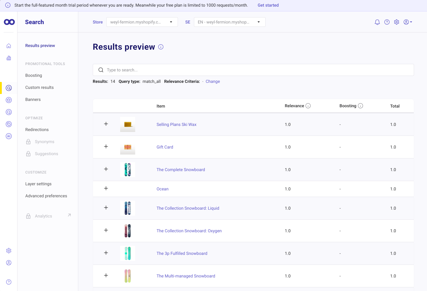 Doofinder Search panel showing the Results preview with 14 products scored by Relevance, Boosting and Total, and a side menu with Boosting, Custom results, Banners, Redirections, locked Synonyms and Suggestions, Layer settings and Advanced preferences