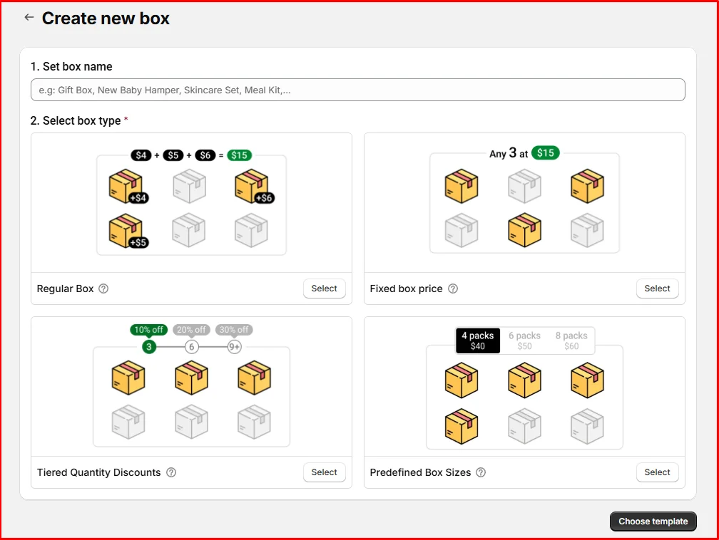 Easify Box Builder’s Create new box screen with four box types: Regular Box, Fixed box price, Tiered Quantity Discounts, and Predefined Box Sizes