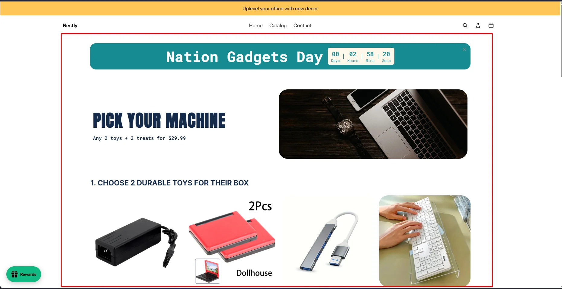Storefront preview of a build-a-box page with a countdown banner, a “Pick your machine” split banner that still reads “Any 2 toys + 2 treats for $29.99”, and a first step heading about choosing durable toys