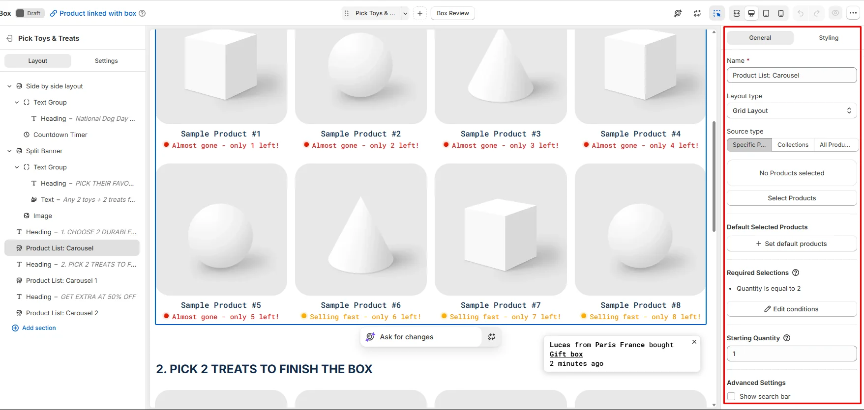 Easify visual editor with a product list selected and its settings panel showing layout type, source type, required selections set to quantity equal to 2, and a search bar option