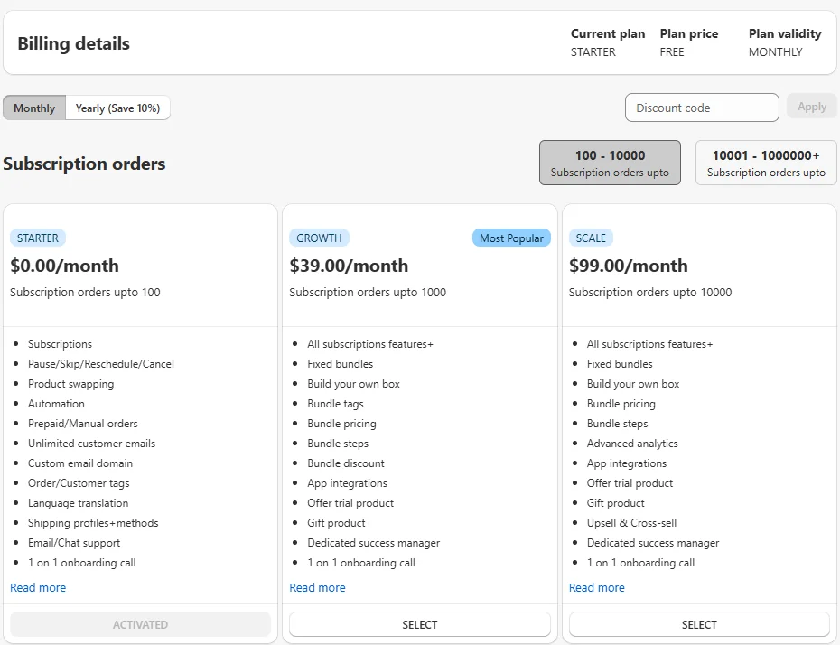 Easy Subscriptions Billing screen with the current plan shown as Starter, free, monthly; a Monthly and Yearly (Save 10%) toggle; and three plans: Starter at $0 a month for up to 100 subscription orders, Growth at $39 a month for up to 1,000 and Scale at $99 a month for up to 10,000, each with its feature list