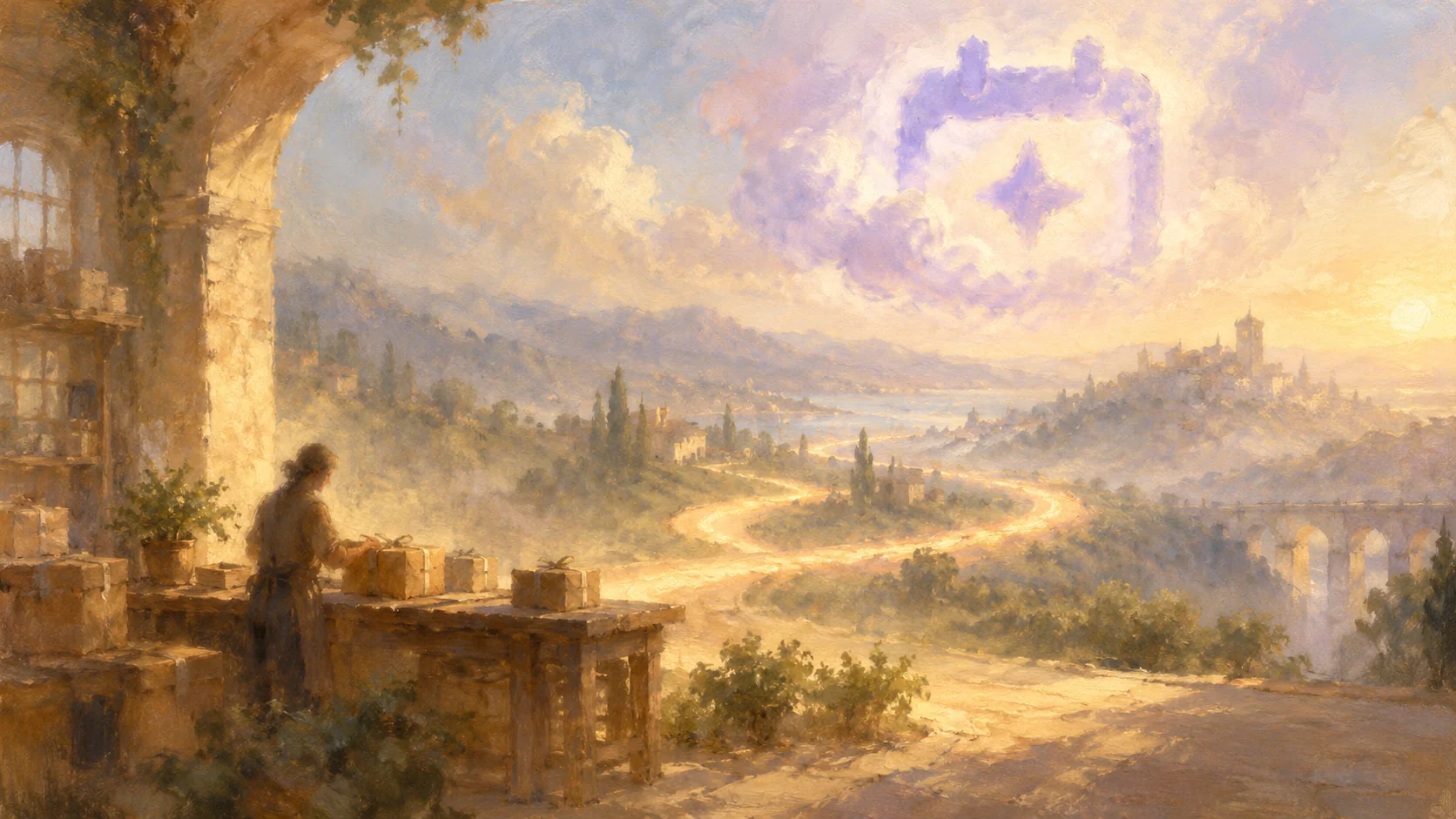 Oil painting of a shopkeeper wrapping parcels at a workbench under a stone arch, with a winding road leading to a hilltop town beneath a soft violet cloud shaped like a calendar