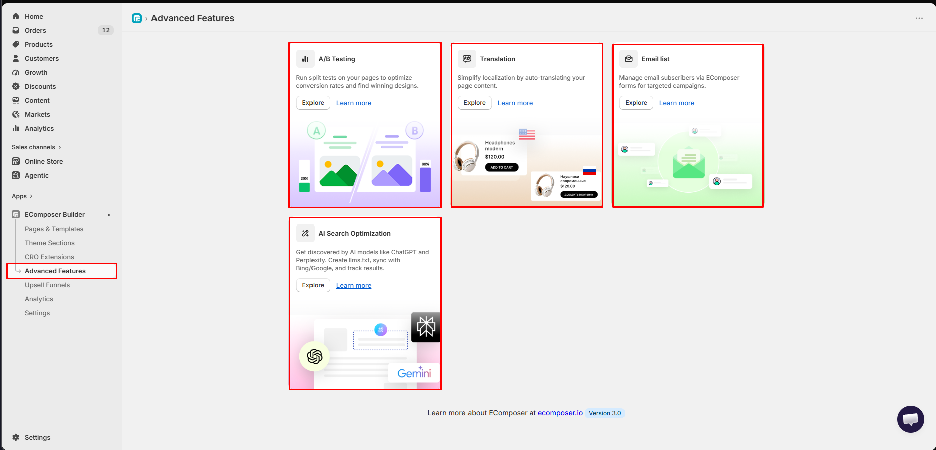 EComposer Advanced Features screen showing A/B Testing, Translation, Email list and AI Search Optimization